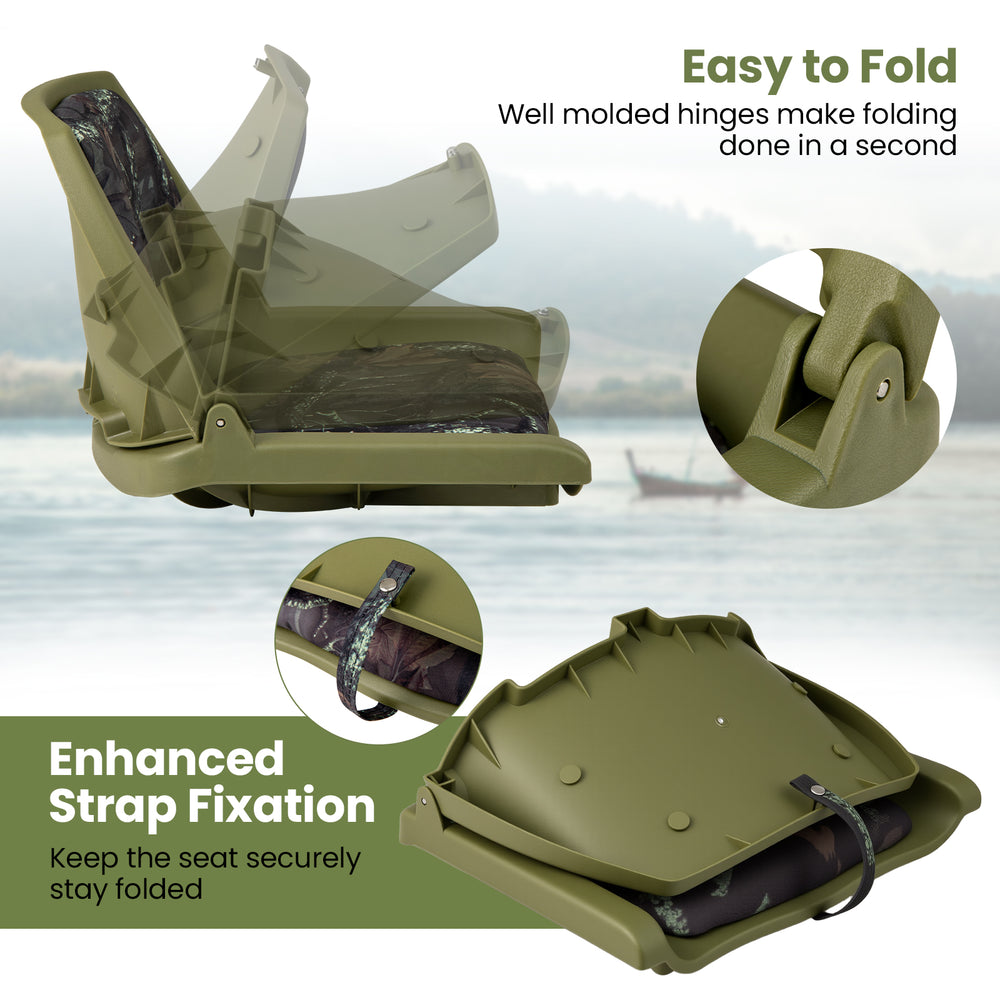 Folding low back boat chair in green with PVC surface, ergonomic support, and enhanced strap fixation for secure.