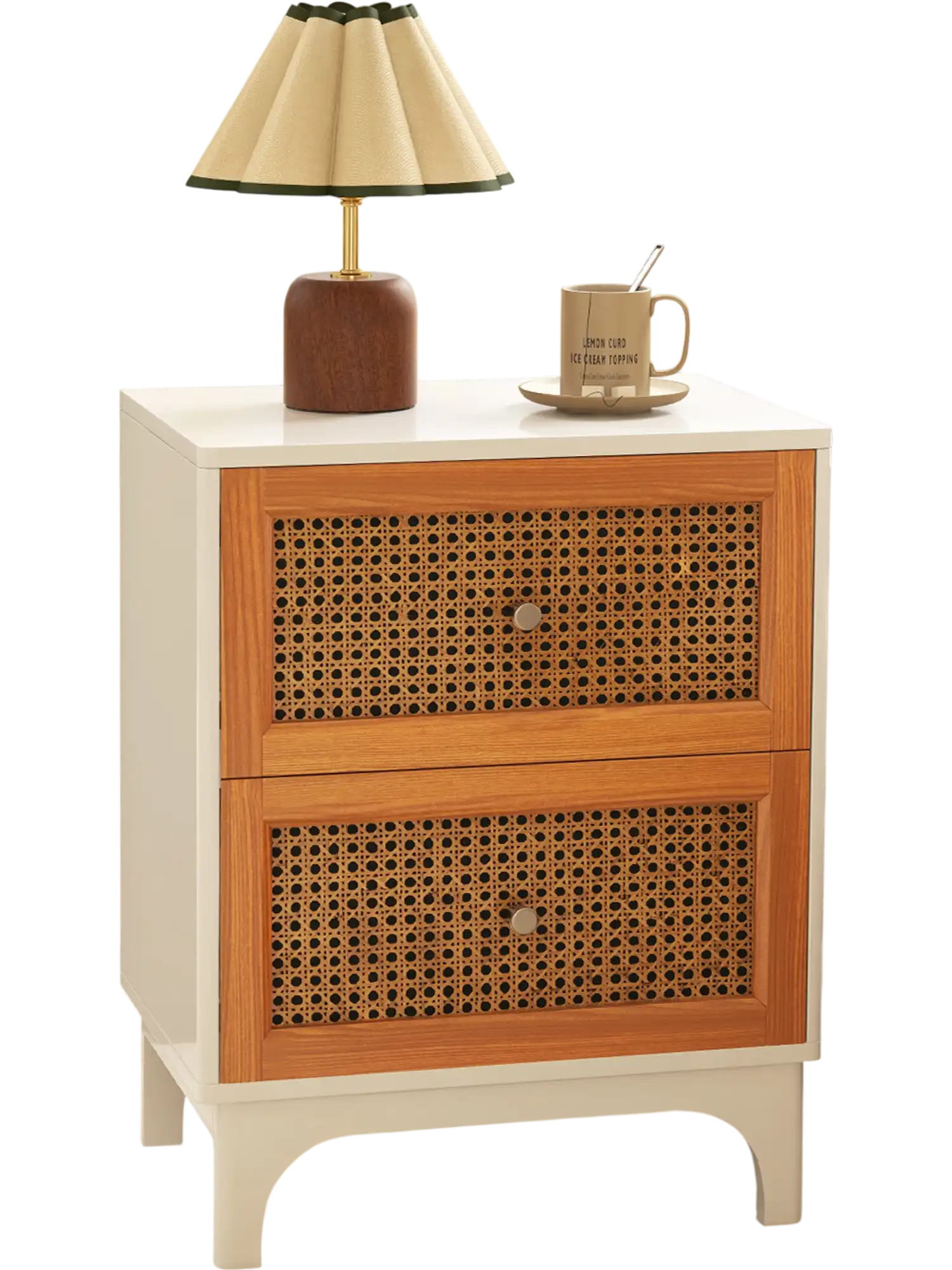 Costway Boho Accent Nightstand Side Table 2 Handwoven Rattan Drawers White 58712346 New
