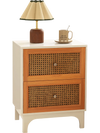Boho accent table nightstand with handwoven rattan drawers and solid wood legs, perfect for bedside storage and decor.