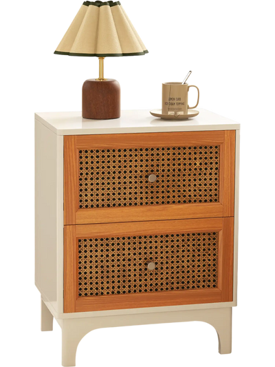 Costway Boho Accent Nightstand Side Table 2 Handwoven Rattan Drawers White 58712346 New