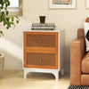Boho accent table nightstand with two handwoven rattan drawers, solid wood legs, and a spacious white tabletop for.