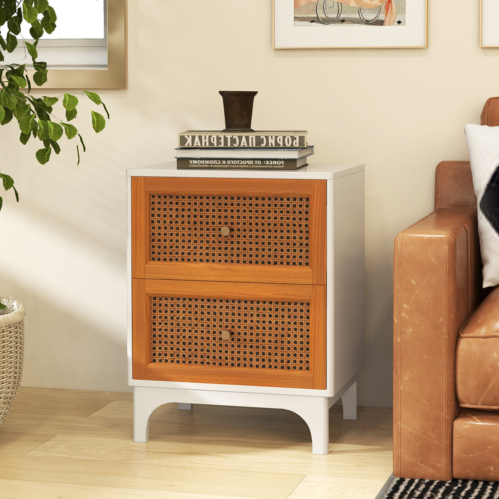 Boho accent table nightstand with two handwoven rattan drawers, solid wood legs, and a spacious white tabletop for.