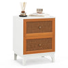 Boho accent table nightstand with two handwoven rattan drawers and solid wood legs, perfect for rustic decor.