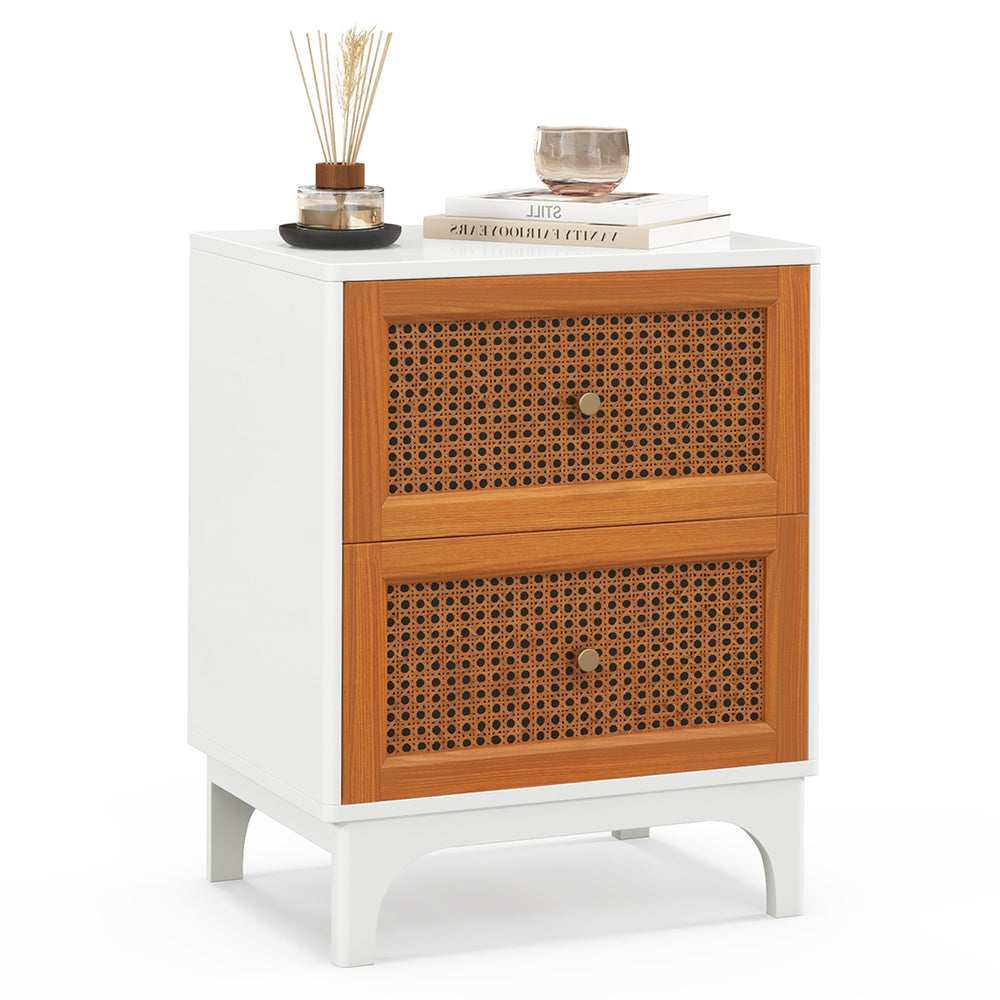Boho accent table nightstand with two handwoven rattan drawers and solid wood legs, perfect for rustic decor.