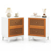 Boho accent table nightstand featuring two handwoven rattan drawers, solid wood legs, and a spacious white tabletop.
