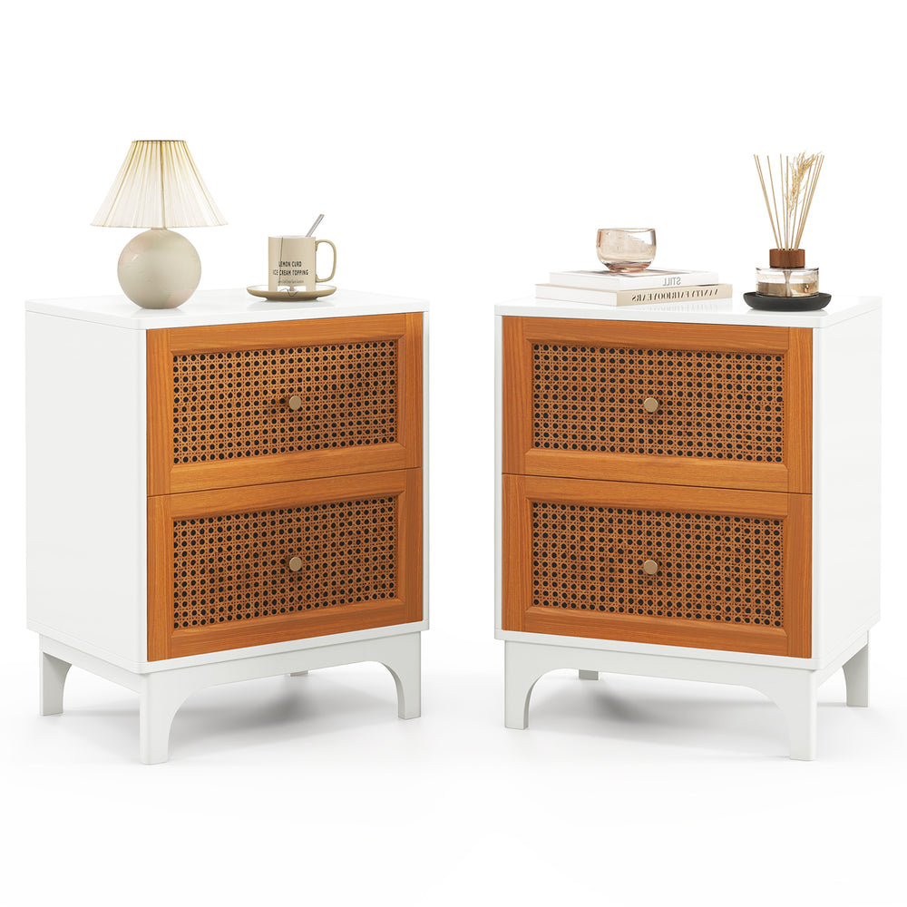 Boho accent table nightstand featuring two handwoven rattan drawers, solid wood legs, and a spacious white tabletop.