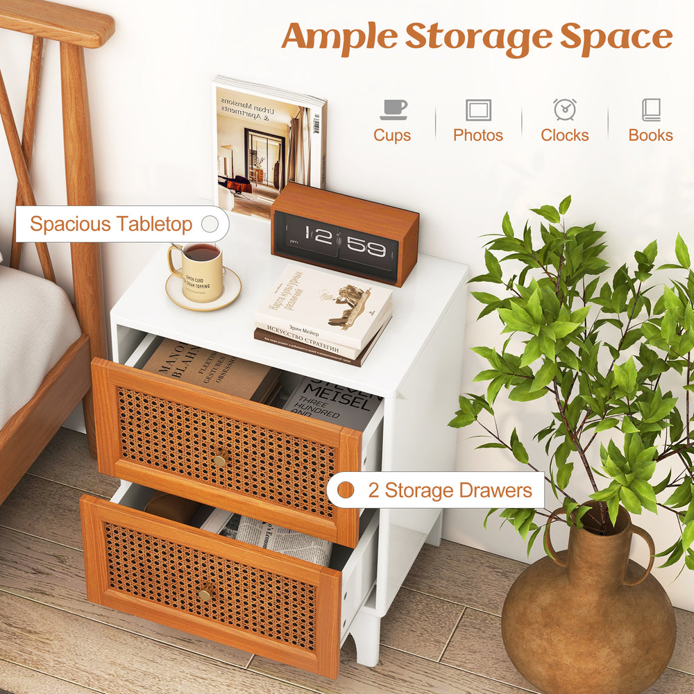 Boho accent table nightstand with 2 handwoven rattan drawers, spacious tabletop, and solid wood legs for stylish.