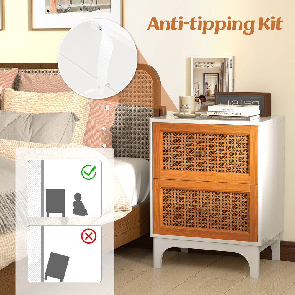Boho accent table nightstand with handwoven rattan drawers, solid wood legs, and a spacious tabletop for decor.