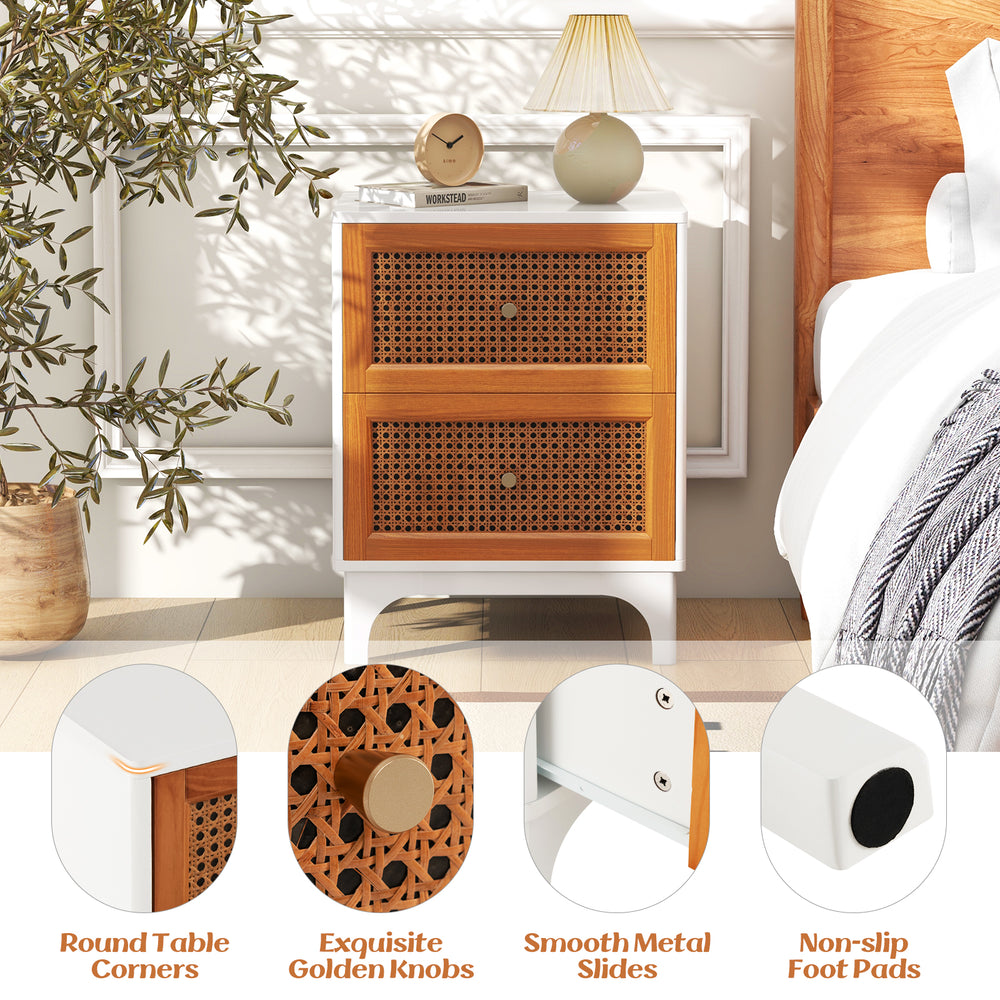Boho accent table nightstand with handwoven rattan drawers, golden knobs, and round corners for stylish bedroom storage.