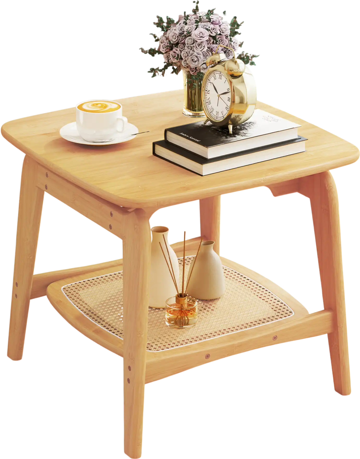 Costway Boho Bamboo Sofa Side Table w/ Faux Rattan Storage Shelf Natural 134729586 New