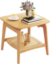 Boho bamboo sofa side table with faux rattan shelf, showcasing its elegant design and 2-tier storage in a cozy setting.