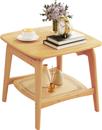 Costway Boho Bamboo Sofa Side Table w/ Faux Rattan Storage Shelf Natural 134729586 New