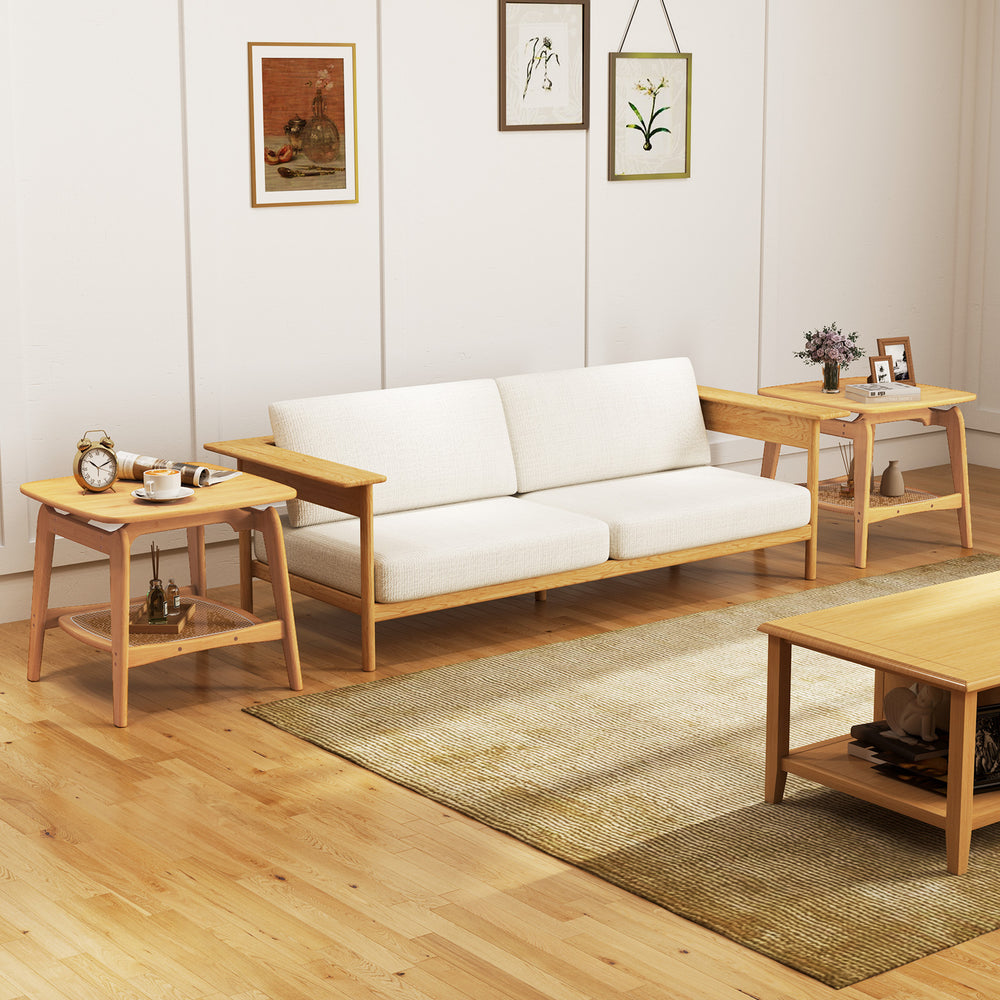 Boho bamboo sofa side table with faux rattan storage shelf, featuring a natural finish and elegant curved design for.