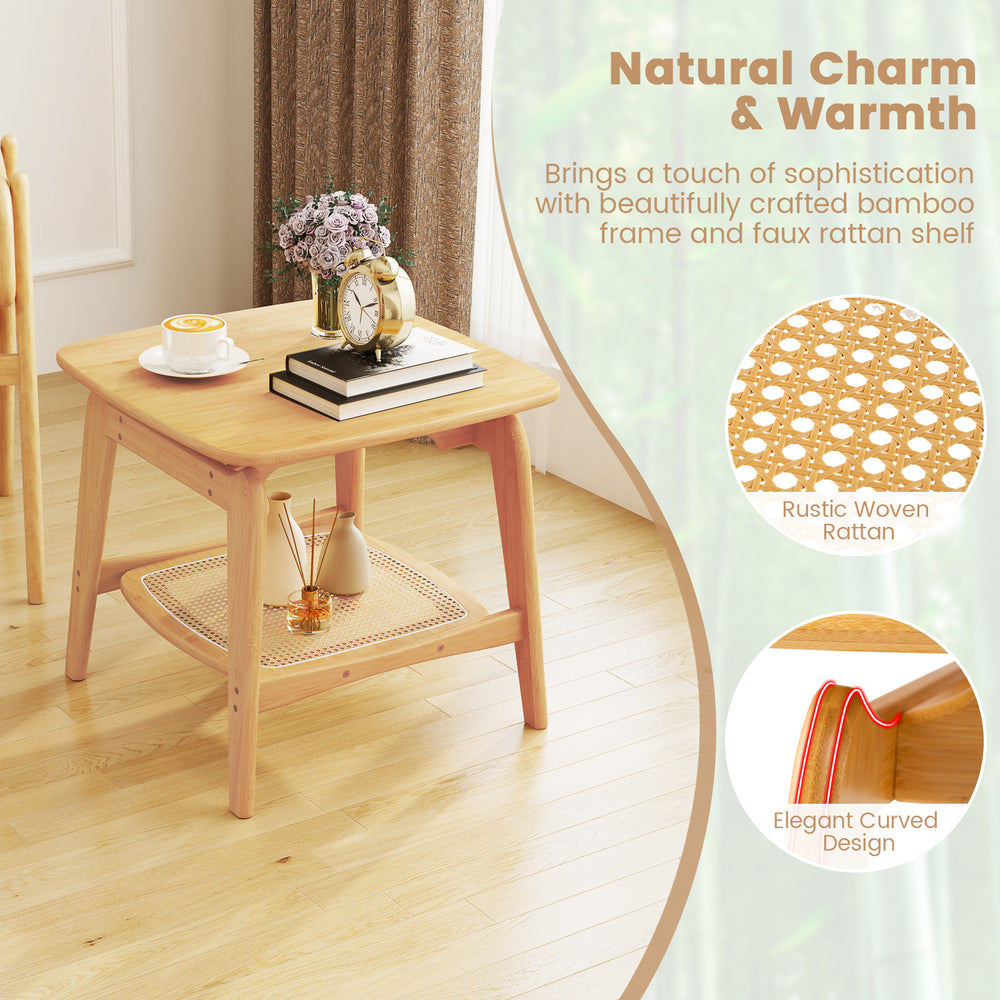 Boho bamboo sofa side table with faux rattan shelf, featuring elegant curves and 2-tier storage for stylish.