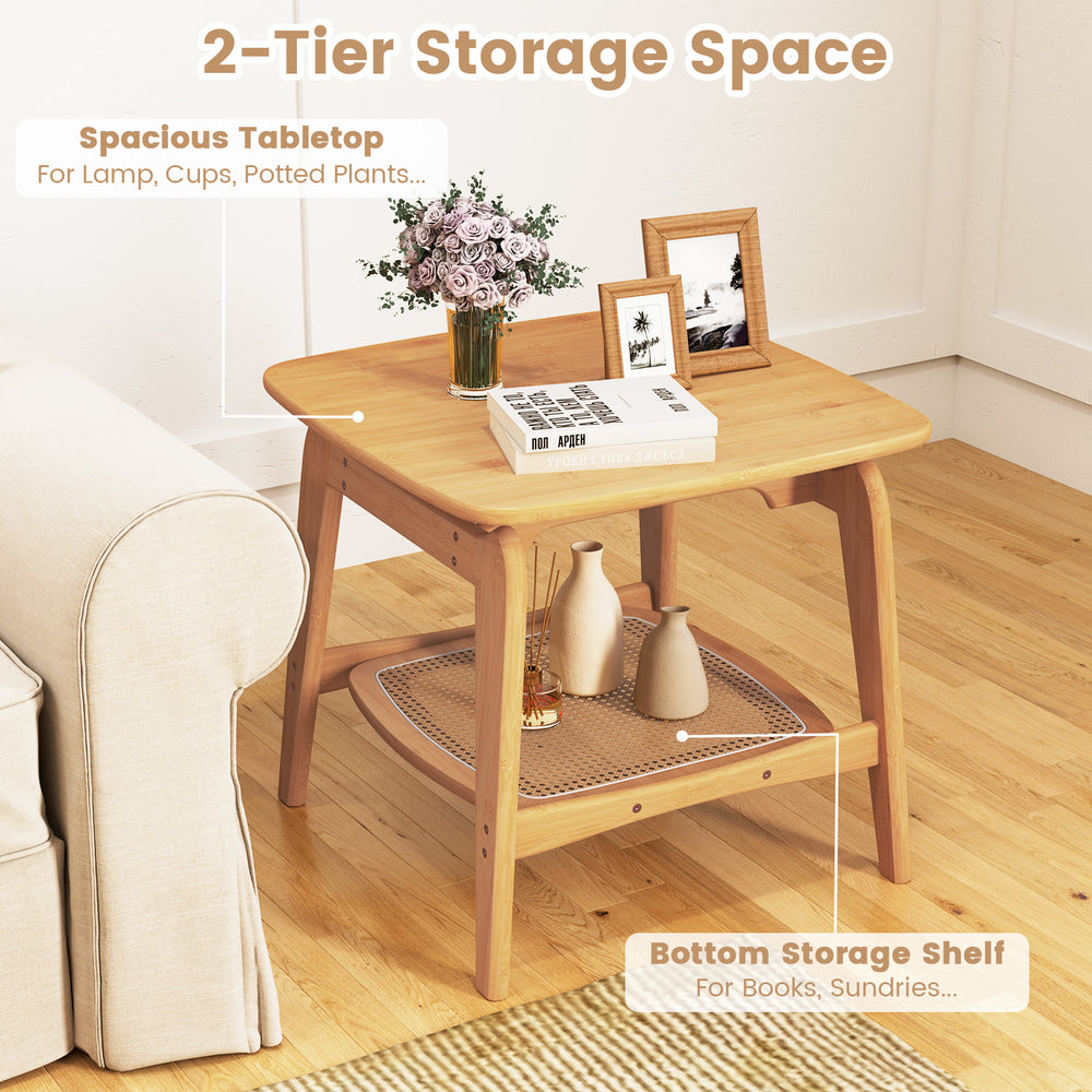 Boho bamboo side table with faux rattan shelf, featuring 2-tier storage for living rooms and bedrooms.