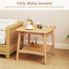 Boho bamboo side table with faux rattan shelf, featuring a curved design for living rooms and bedrooms.