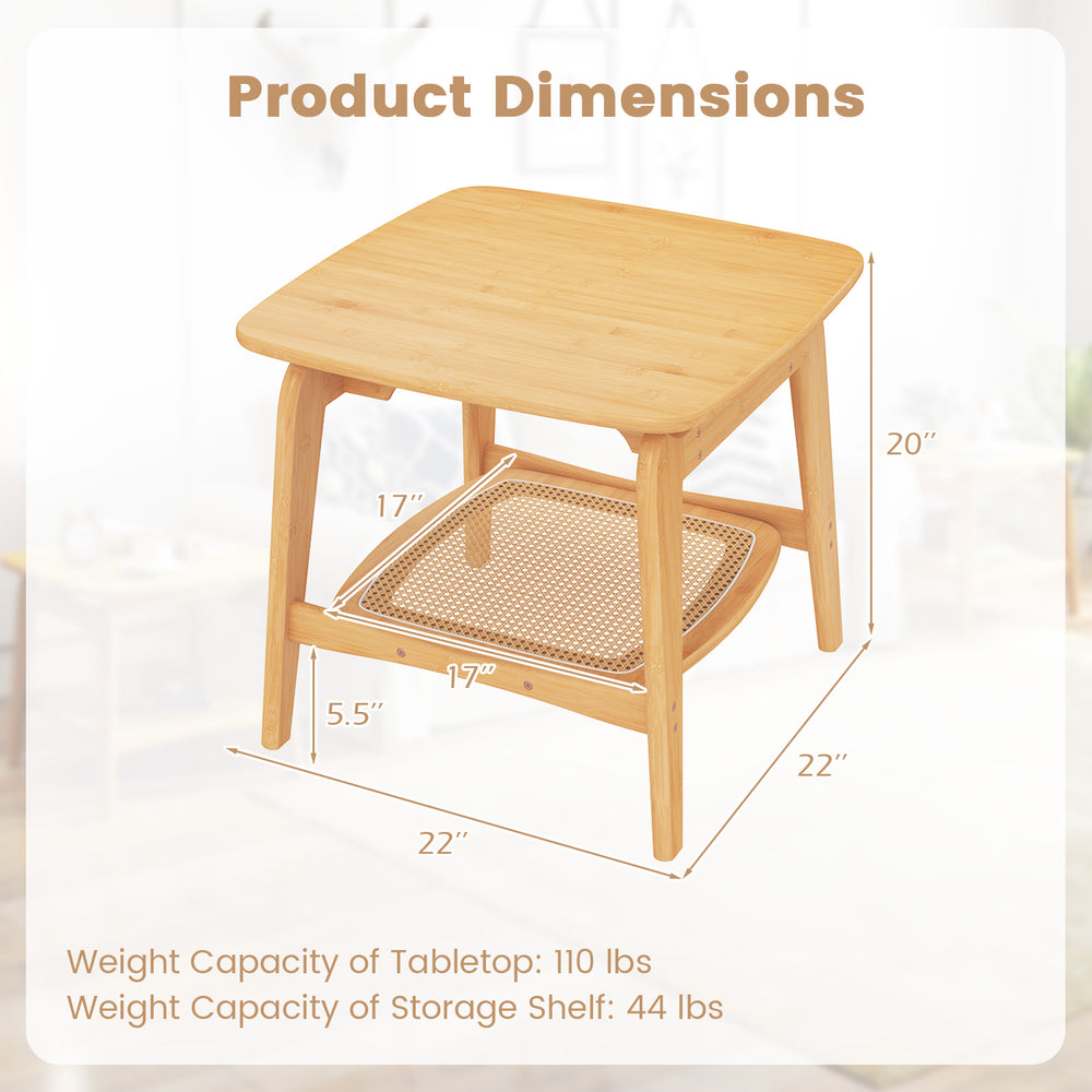 Boho bamboo side table with faux rattan shelf, showcasing dimensions and 2-tier storage for living room or bedroom use.