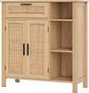 Boho buffet sideboard storage cabinet with rattan woven doors and adjustable shelf for versatile organization.