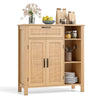 Boho buffet sideboard cabinet with rattan woven doors, adjustable shelf, and natural wood finish for versatile storage.