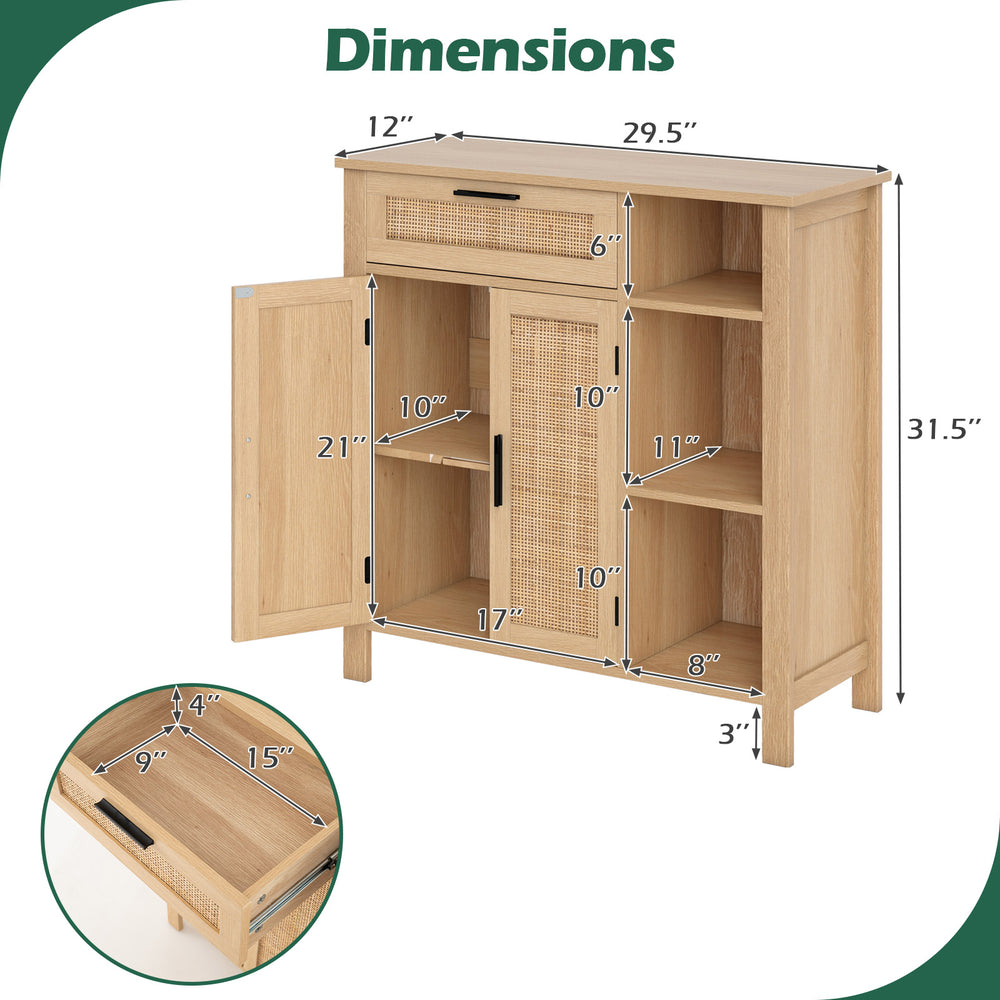 Boho buffet sideboard storage cabinet with rattan woven doors and adjustable shelf, ideal for versatile home storage.
