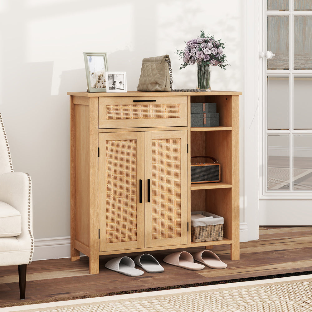 Boho buffet sideboard storage cabinet with rattan woven doors, natural wood finish, ideal for versatile home.