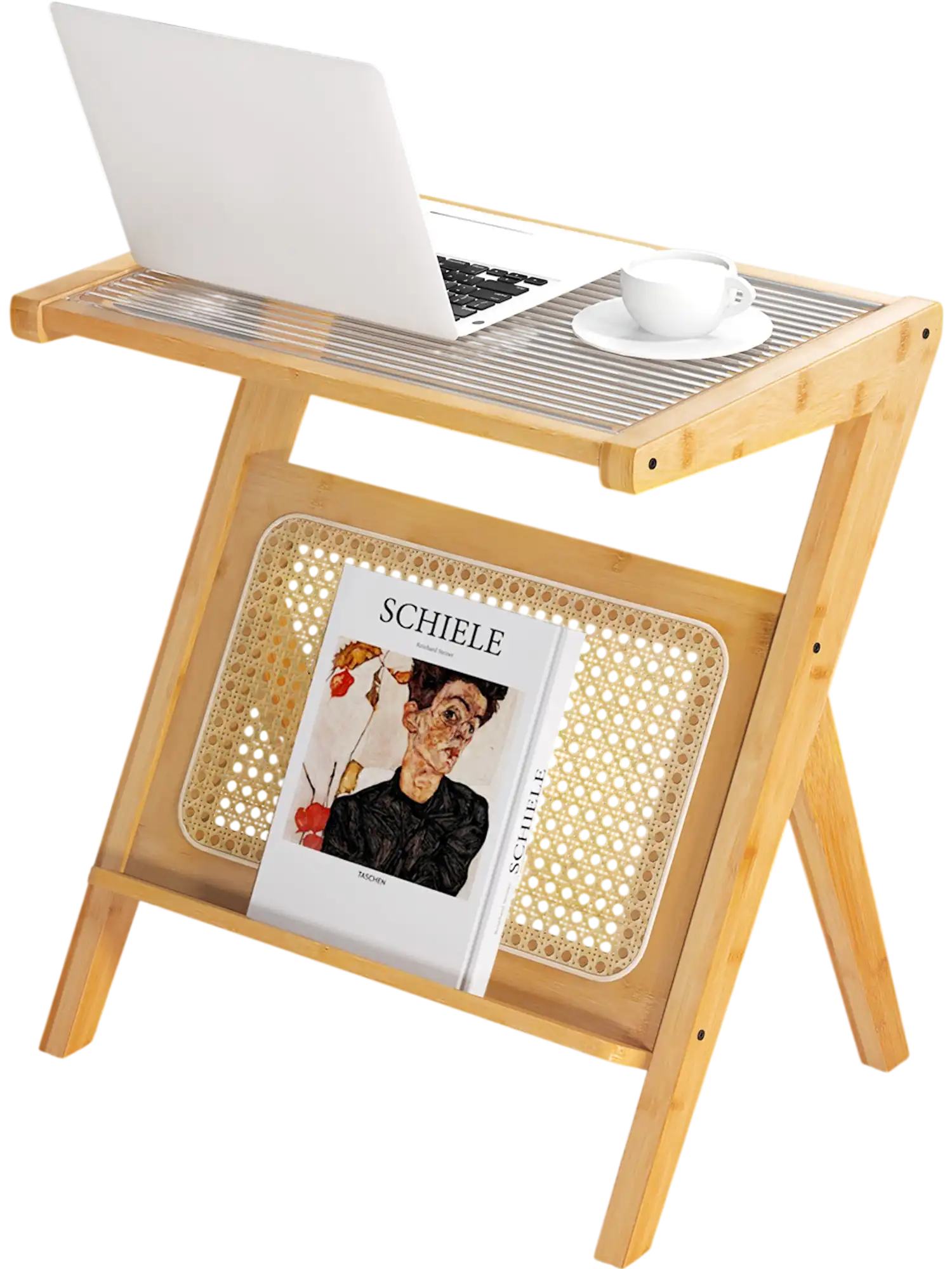 Costway Boho Bamboo End Table Magazine Rack Tempered Glass Top 59368472 New