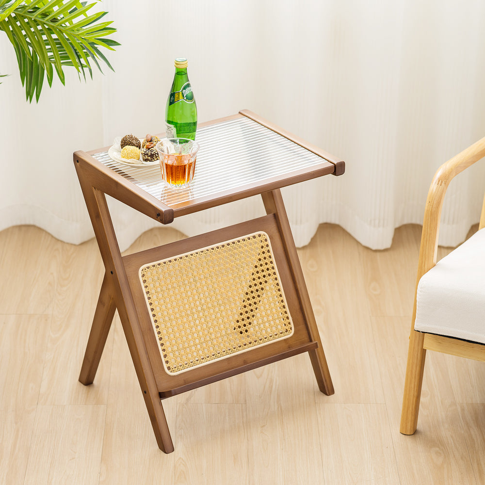 Boho End Table with Magazine Rack and Tempered Glass Top-Walnut - Gallery View 1 of 10