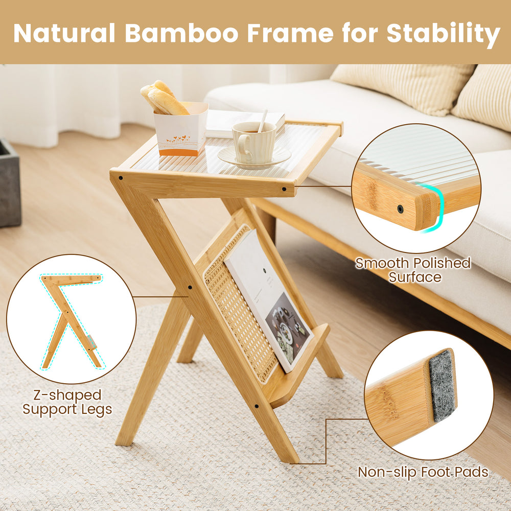 Boho end table with natural bamboo frame, tempered glass top, and magazine rack for stylish living room organization.