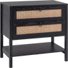 Boho rattan nightstand in black featuring two drawers and an open shelf for versatile storage and stylish decor.
