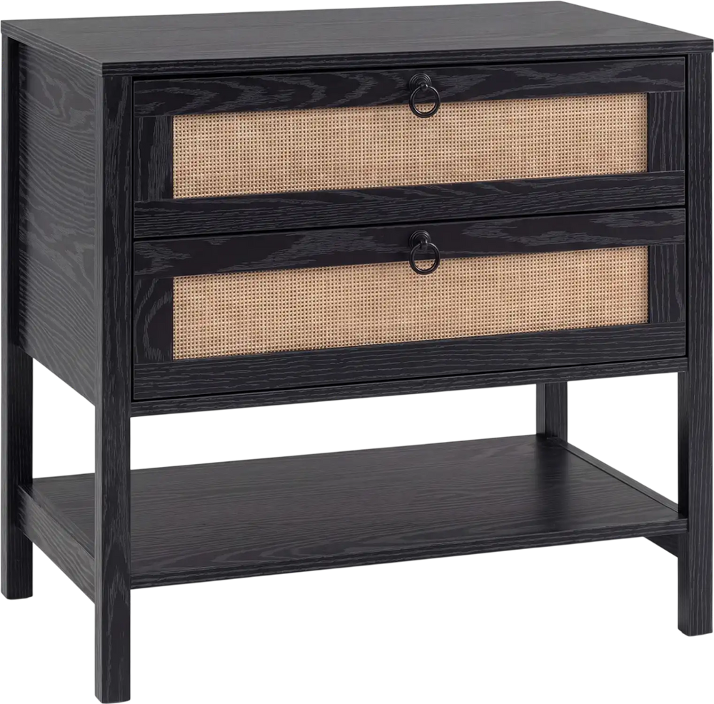 Boho rattan nightstand in black featuring two drawers and an open shelf for versatile storage and stylish decor.