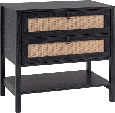Costway Boho Rattan Nightstand 2-Drawer Open Shelf Side Table 97683561 New