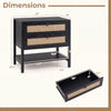 Boho Rattan Nightstand in black features two drawers and an open shelf, perfect for versatile storage in any room.