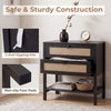 Boho rattan nightstand in black featuring two drawers, a bottom shelf, and non-slip foot pads for stability.