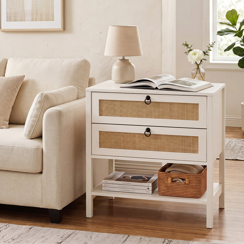 Boho Rattan Nightstand with 2 Drawers and Bottom Open Shelf-White - Gallery View 1 of 9