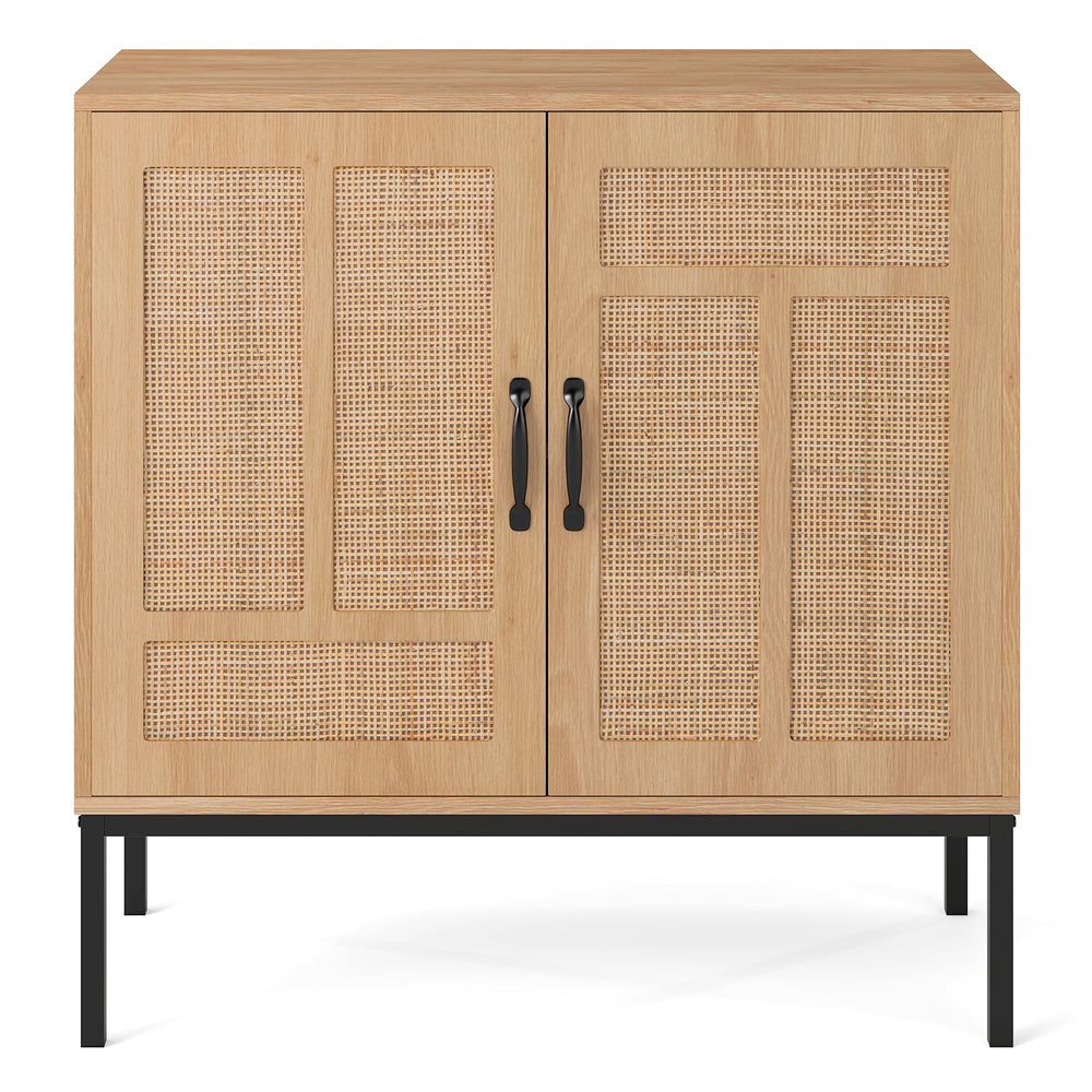 Boho storage cabinet showcasing natural rattan doors and metal legs, ideal for stylish kitchen storage and decoration.