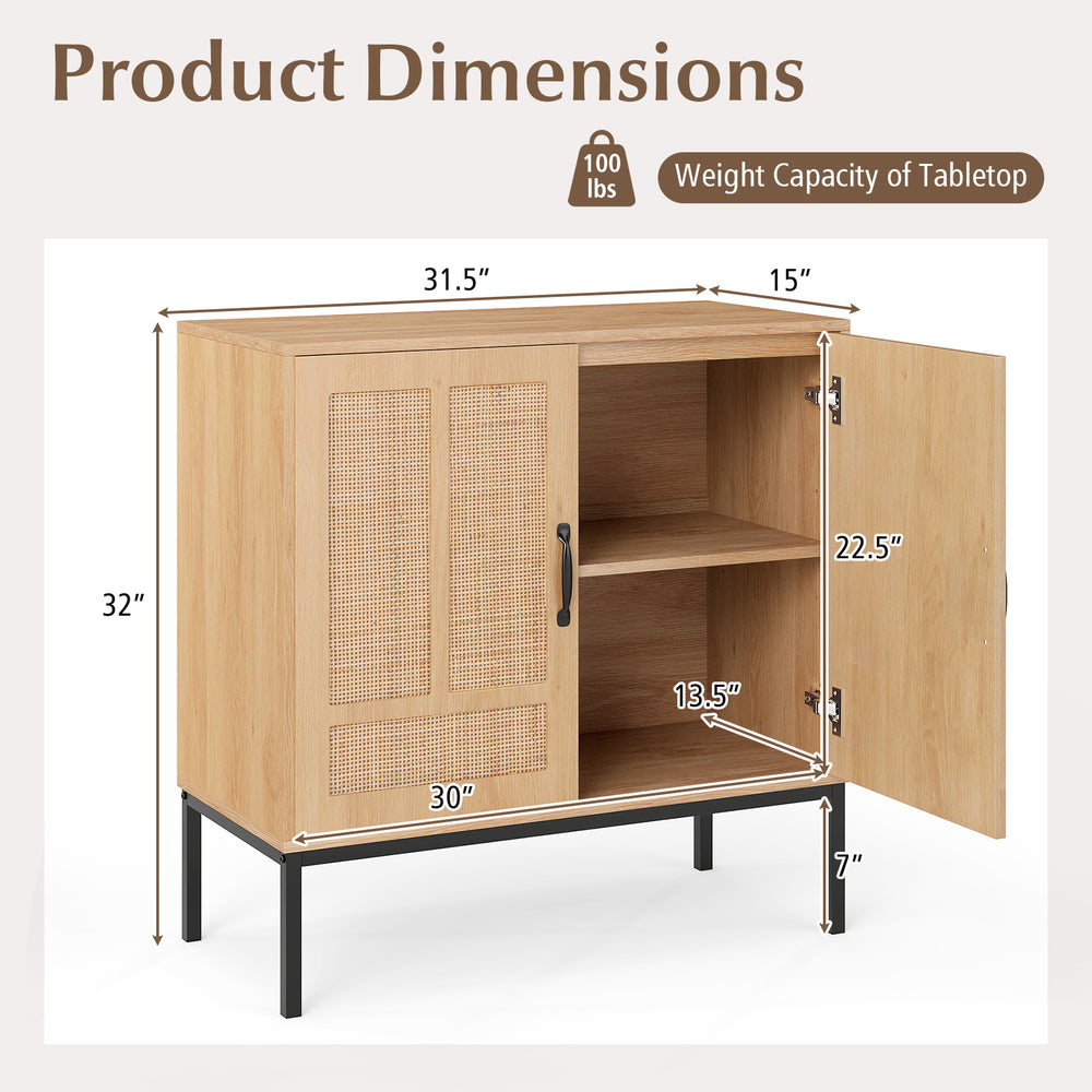 Boho storage cabinet with natural rattan doors, adjustable shelf, and metal legs for stylish kitchen organization.