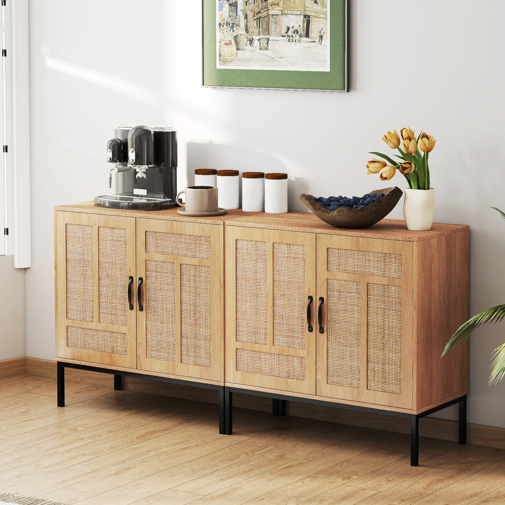 Boho storage cabinet with natural rattan woven doors and asymmetrical patterns, perfect for kitchen organization.