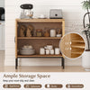 Boho storage cabinet with natural rattan doors and adjustable shelf, perfect for kitchen organization and decor.