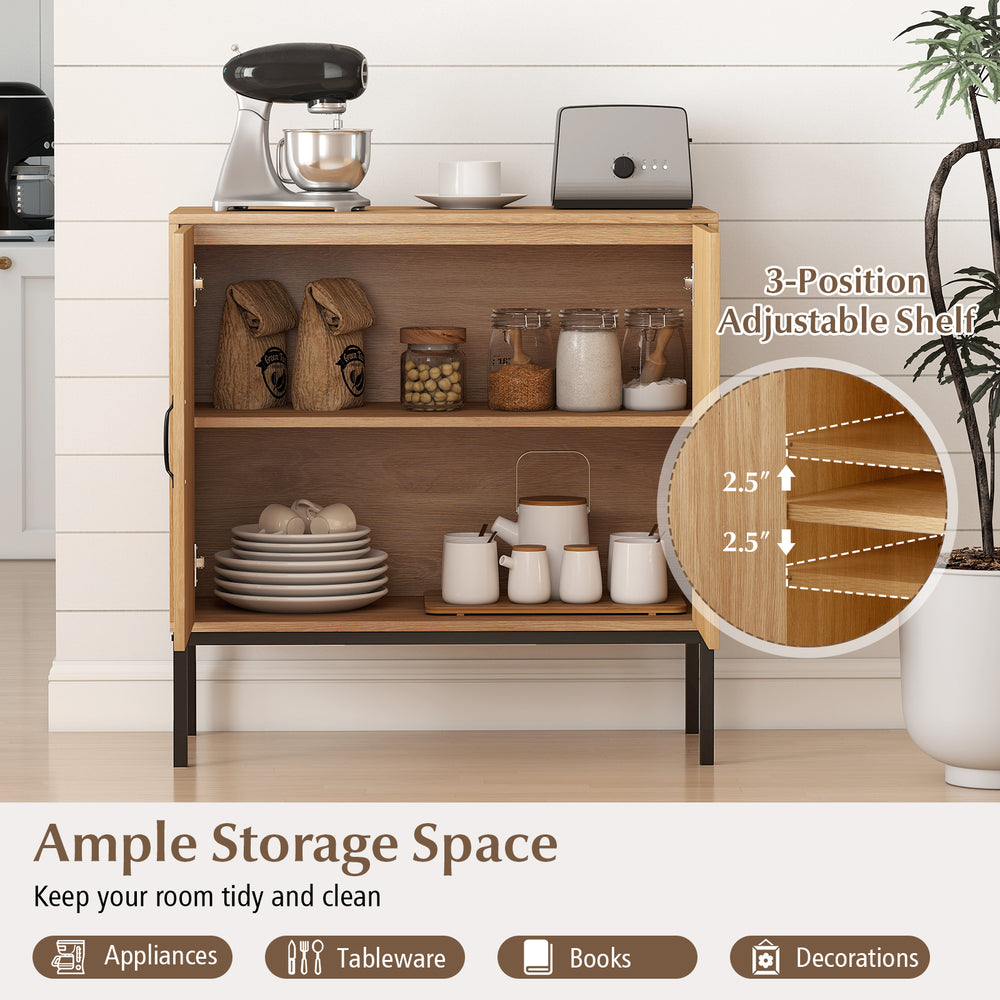 Boho storage cabinet with natural rattan doors and adjustable shelf, perfect for kitchen organization and decor.
