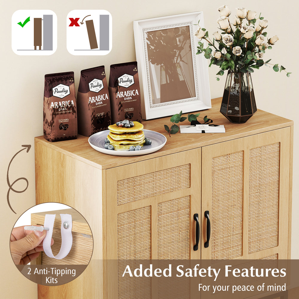 Boho storage cabinet with natural rattan doors and asymmetric patterns, featuring anti-tipping kits for safety.