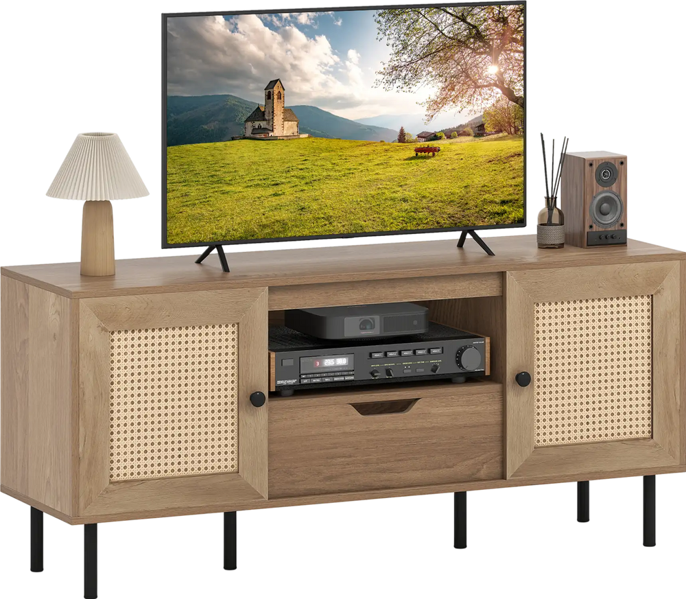 Boho TV stand in natural finish with PE rattan doors, spacious storage, and six metal legs for stability.