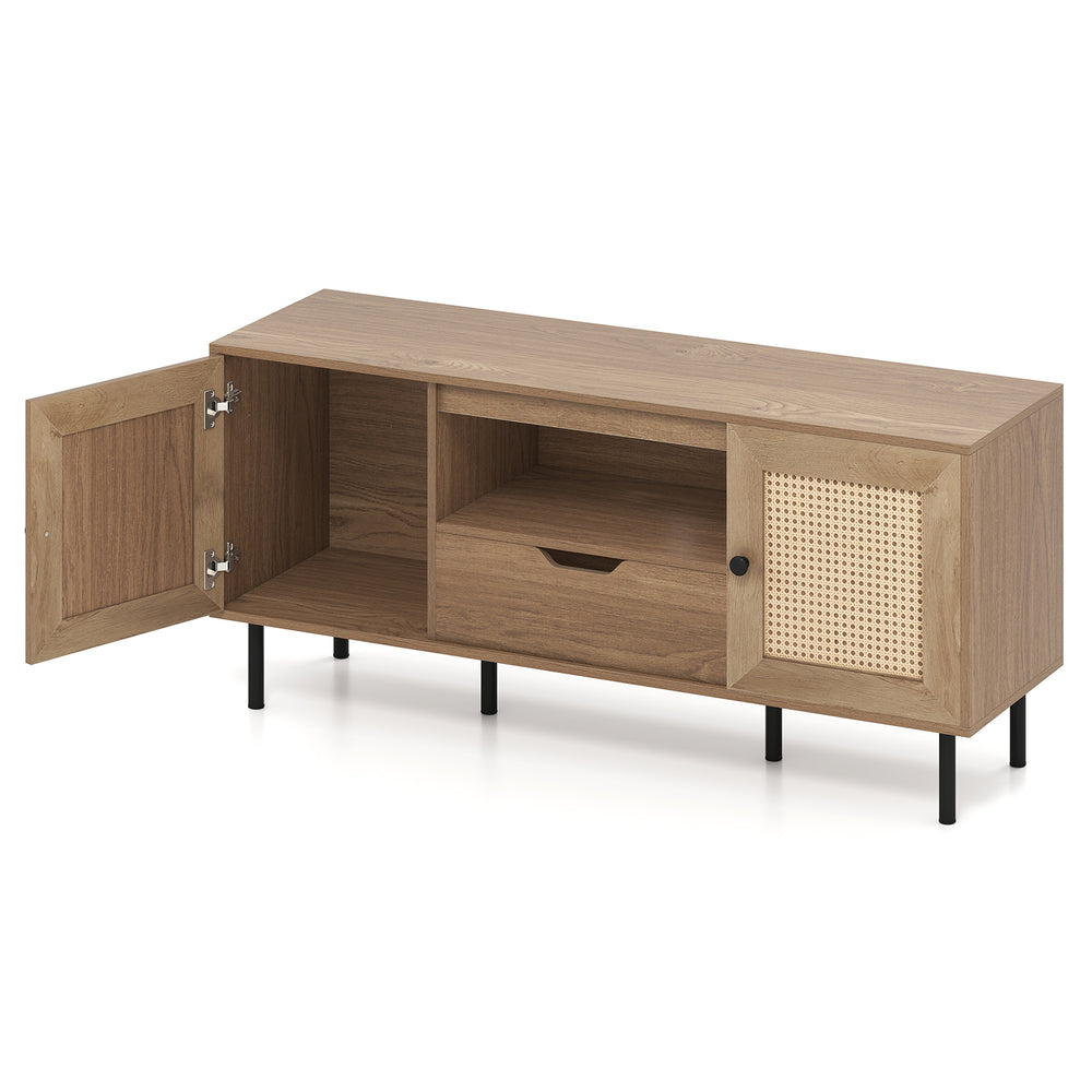 Boho TV stand with natural finish, featuring 2 cabinets, open shelf, and pull-out drawer for ample storage.