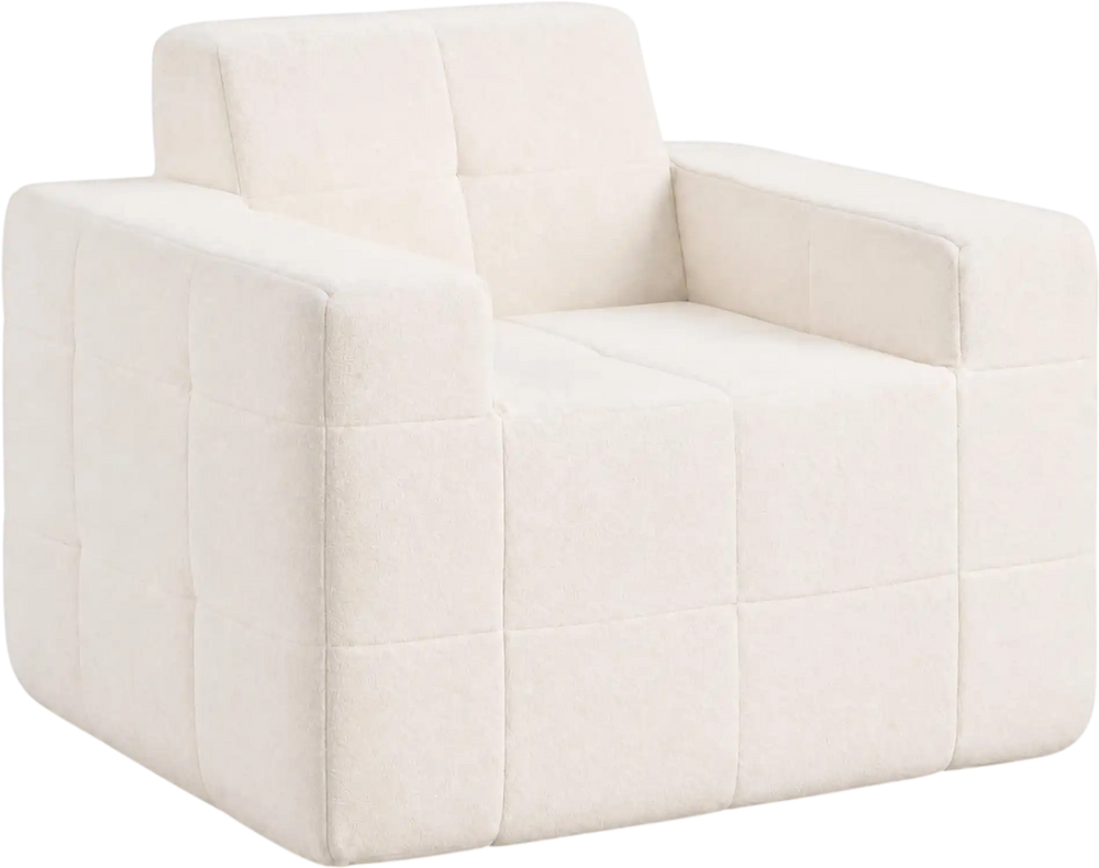 Boneless single sofa chair in soft terry cloth features grid stitching, deep seating, and widened armrests for ultimate comfort.