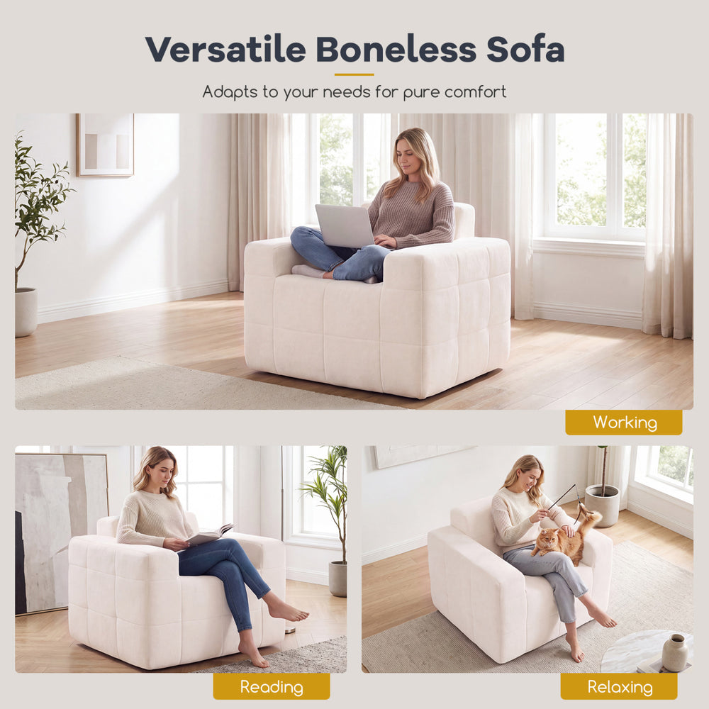 Boneless single sofa chair in soft terry cloth offers deep seating and lumbar support for working, reading, or relaxing.