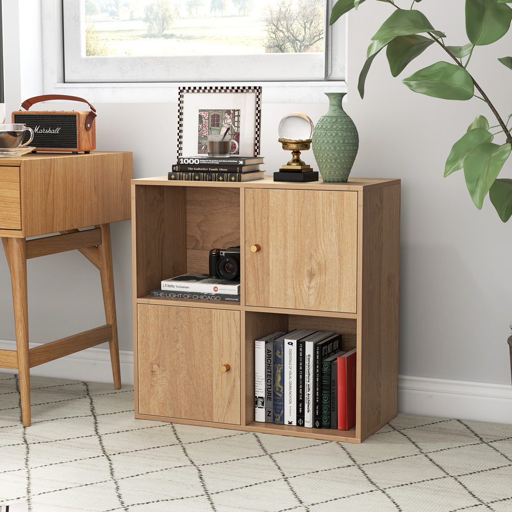 4-Cube Bookcase 3-Tier Bookshelf with Dual Anti-Tipping Kits and 2 Cabinets-Natural - Gallery View 1 of 10