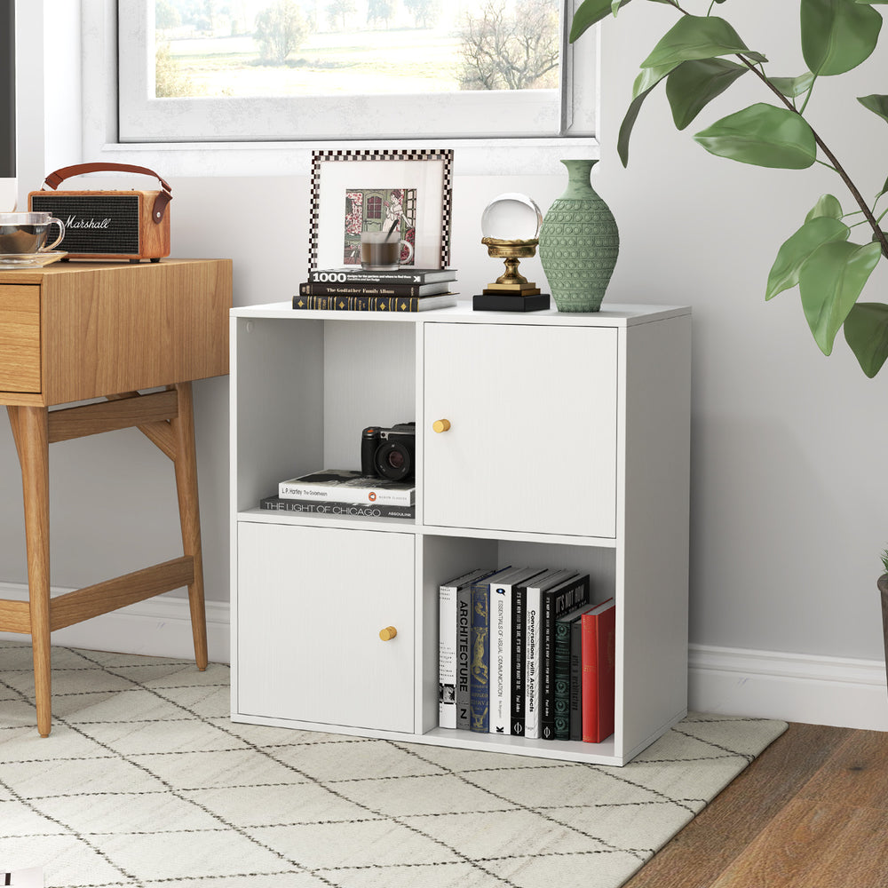 4-Cube Bookcase 3-Tier Bookshelf with Dual Anti-Tipping Kits and 2 Cabinets-White - Gallery View 1 of 10