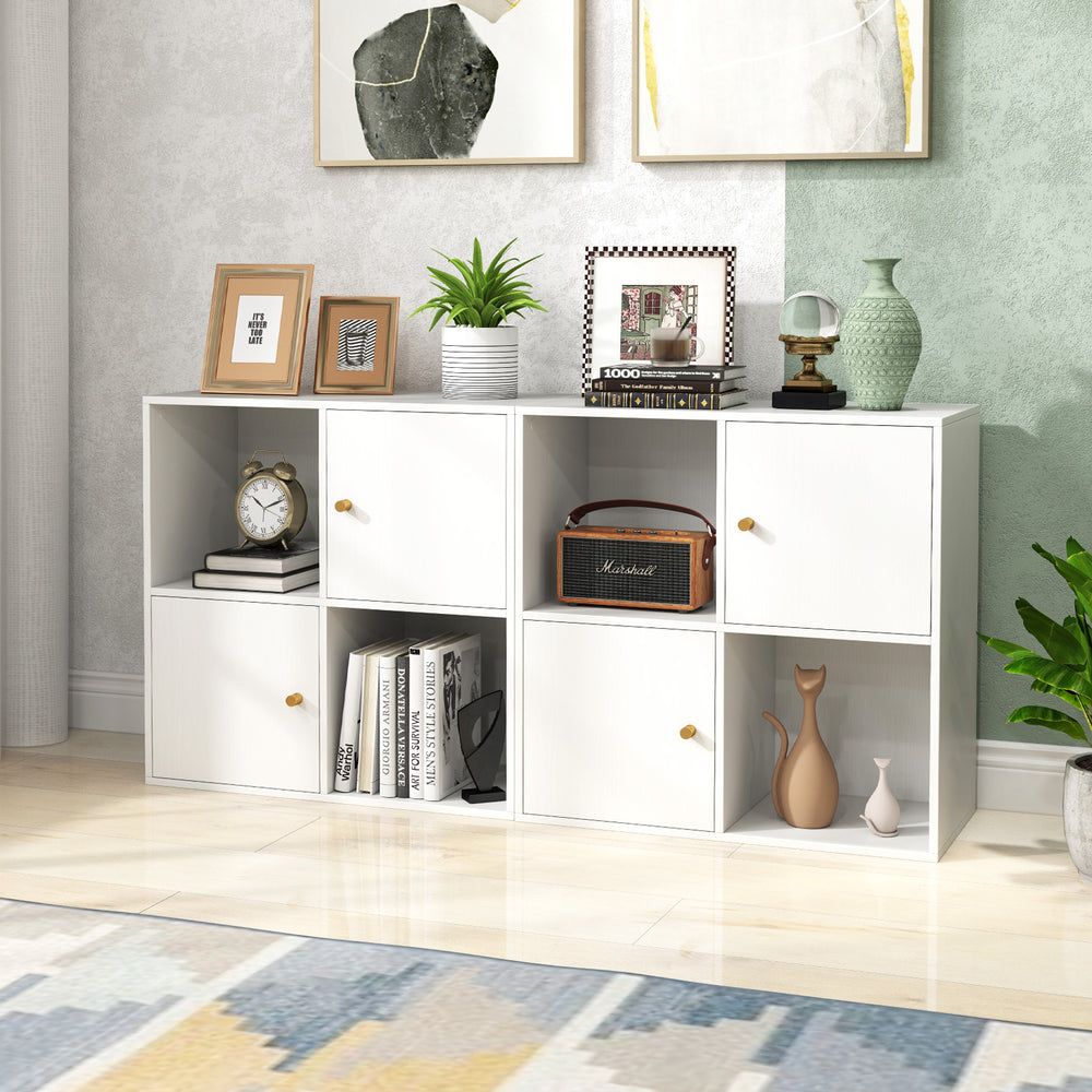 4-cube bookcase in white with spacious top, 2 wide cubes, and 2 cabinets, perfect for corner storage solutions.