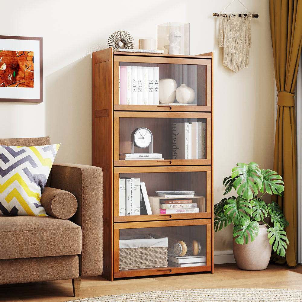 4-Tier Bamboo Bookcase with Doors for Study Room Living Room-Brown - Gallery View 1 of 10