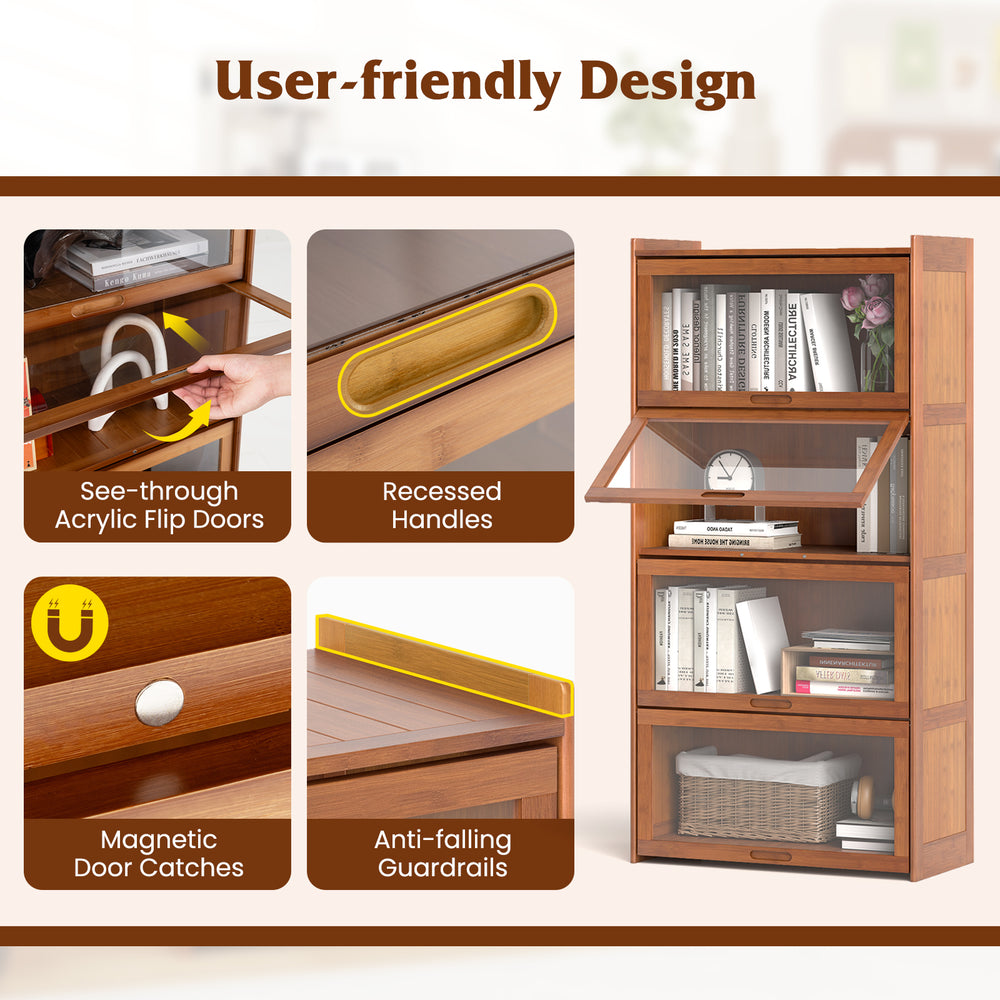 4-tier bamboo bookcase with see-through acrylic flip doors and recessed handles, ideal for study or living room storage.