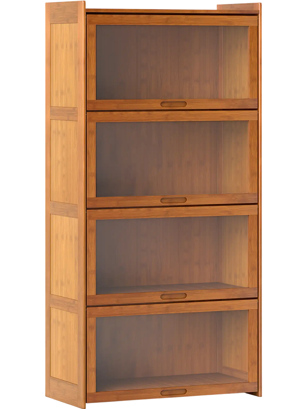 4-tier bamboo bookcase with see-through acrylic doors, perfect for storing books and collectibles in a living room.